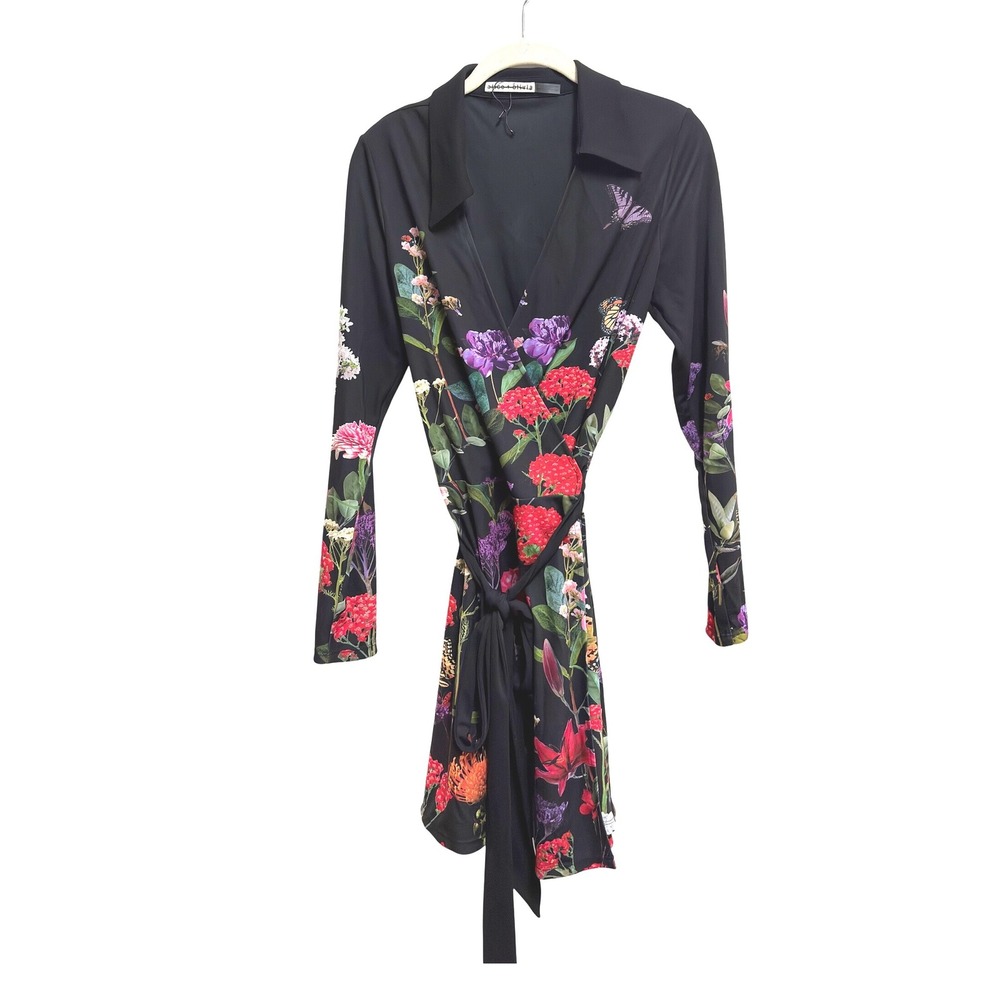 Alice + Olivia Millicent Wrap Dress Black Floral Butterfly Long Sleeve Mini 10 - Picture 9 of 15